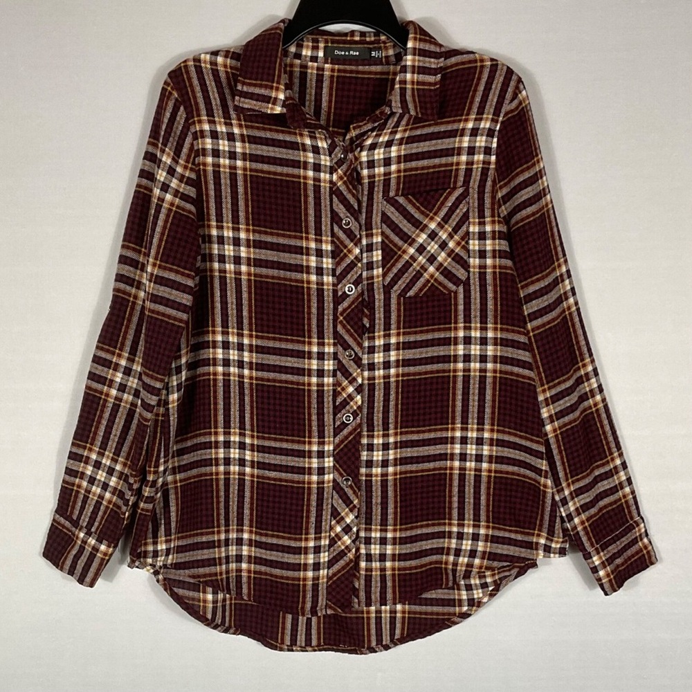 🖤 Doe & Rae Burgundy Plaid Shirt with Cream & Mustard Accents
